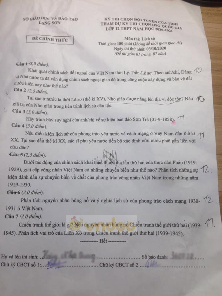 Đề thi chọn học sinh giỏi lớp 12 môn Lịch sử năm 2020-2021 Sở GD&ĐT Lạng Sơn