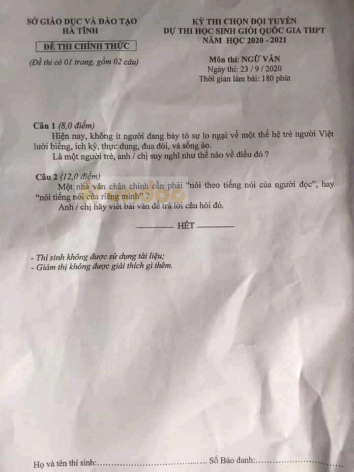 Đề thi chọn học sinh giỏi lớp 12 môn Ngữ văn năm 2020-2021 Sở GD&ĐT Hà Tĩnh
