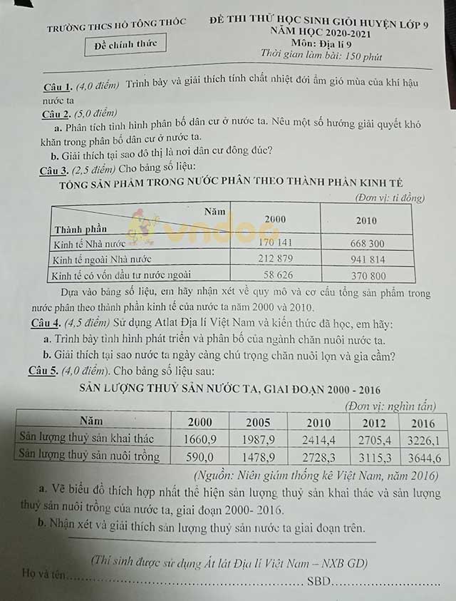 Đề thi thử học sinh giỏi lớp 9 môn Địa lý Trường THCS Hồ Tông Thốc năm học 2020 - 2021