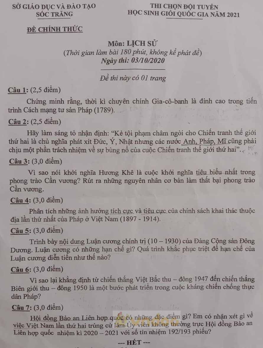 Đề thi chọn học sinh giỏi lớp 12 môn Lịch sử năm 2020-2021 Sở GD&ĐT Sóc Trăng