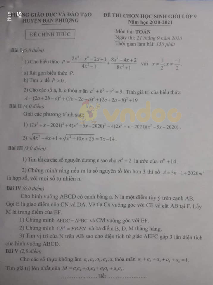 Đề thi chọn học sinh giỏi lớp 9 môn Toán Phòng GD&ĐT Đan Phượng năm học 2020 - 2021