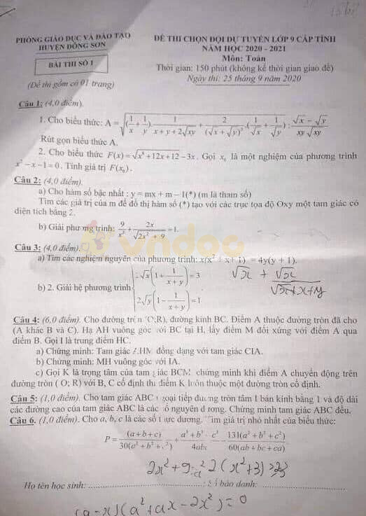Đề thi chọn học sinh giỏi lớp 9 môn Toán Phòng GD&ĐT Đông Sơn năm học 2020 - 2021