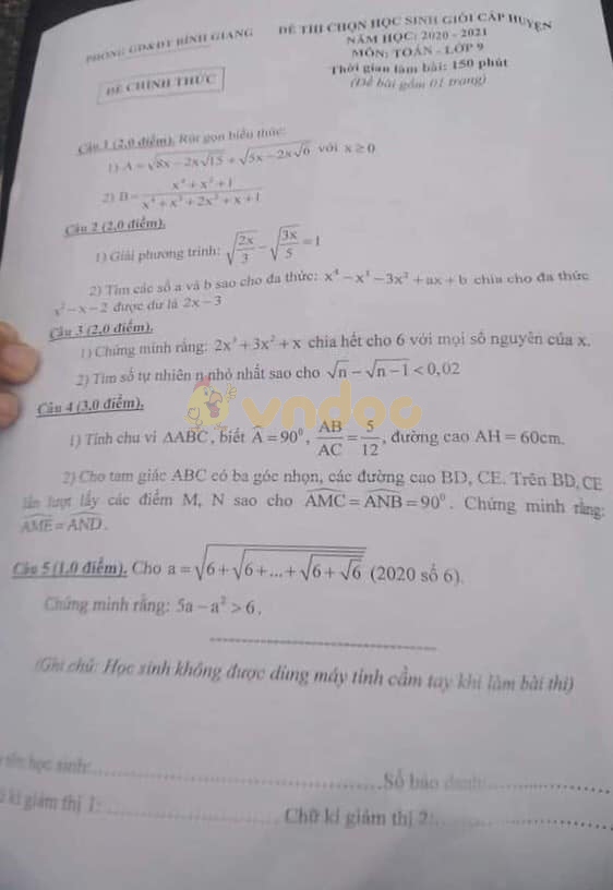 Đề thi chọn học sinh giỏi lớp 9 môn Toán Phòng GD&ĐT huyện Bình Giang năm học 2020 - 2021