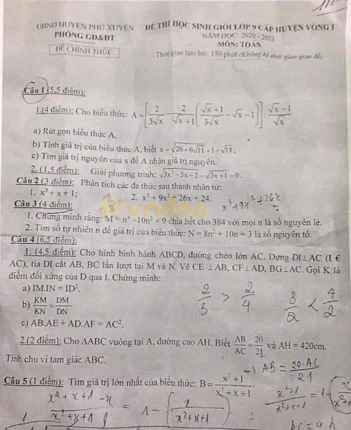 Đề thi chọn học sinh giỏi lớp 9 môn Toán Phòng GD&ĐT huyện Phú Xuyên năm học 2020 - 2021