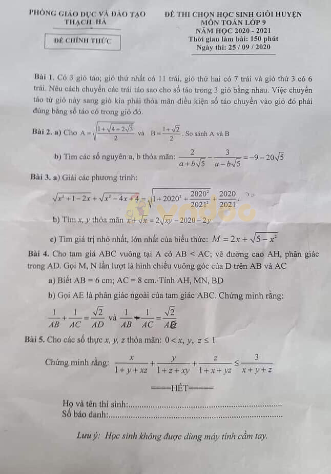 Đề thi chọn học sinh giỏi lớp 9 môn Toán Phòng GD&ĐT Thạch Hà năm học 2020 - 2021