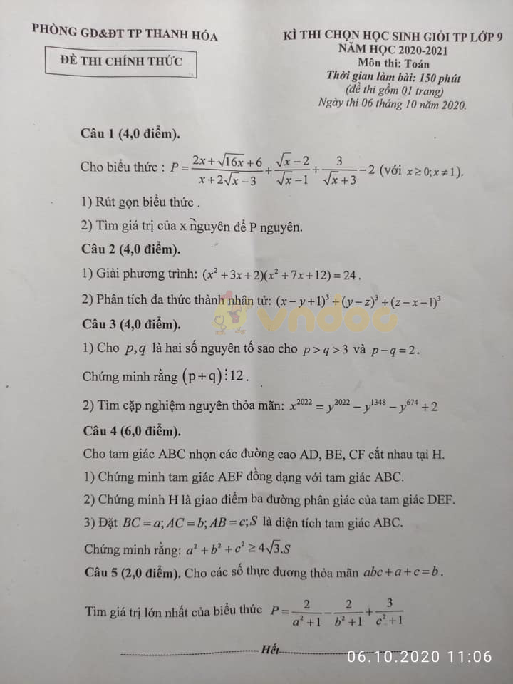 Đề thi chọn học sinh giỏi lớp 9 môn Toán Phòng GD&ĐT Thanh Hóa năm học 2020 - 2021
