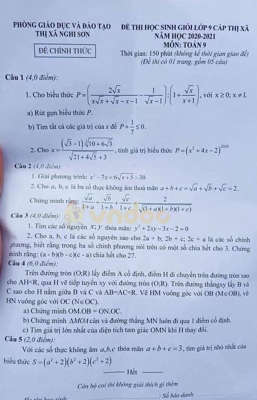 Đề thi chọn học sinh giỏi lớp 9 môn Toán Phòng GD&ĐT Thị xã Nghi Sơn năm học 2020 - 2021