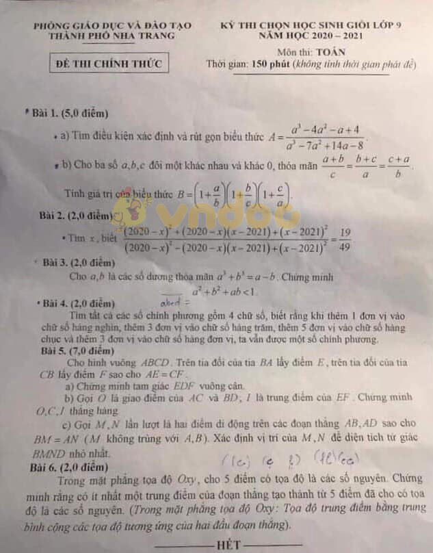 Đề thi chọn học sinh giỏi lớp 9 môn Toán Phòng GD&ĐT TP Nha Trang năm học 2020 - 2021