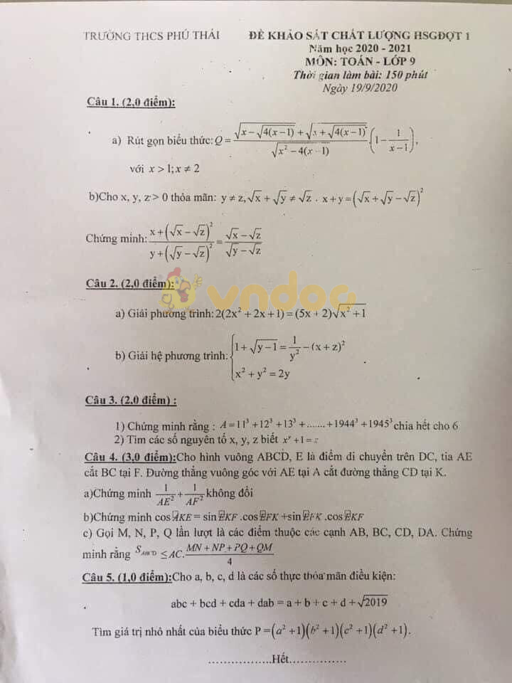 Đề thi chọn học sinh giỏi lớp 9 môn Toán Trường THCS Phú Thái năm học 2020 - 2021