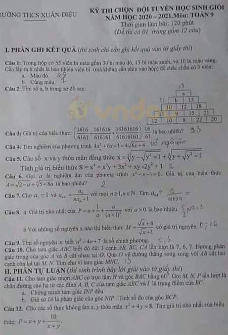 Đề thi chọn học sinh giỏi lớp 9 môn Toán Trường THCS Xuân Diệu năm học 2020 - 2021