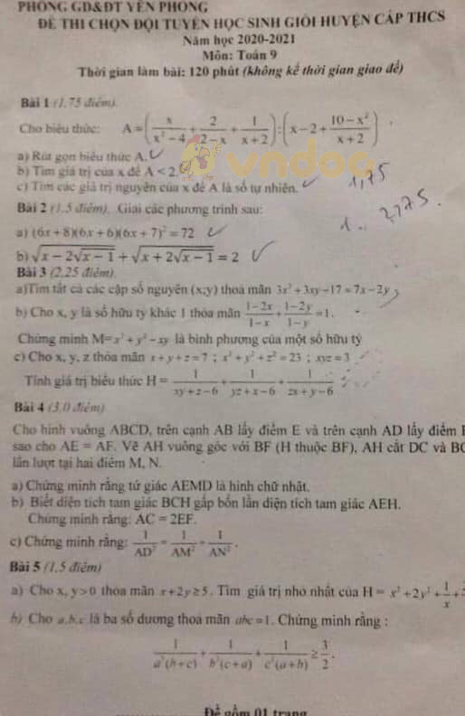 Đề thi chọn học sinh giỏi lớp 9 môn Toán Phòng GD&ĐT huyện Yên Phong năm học 2020 - 2021