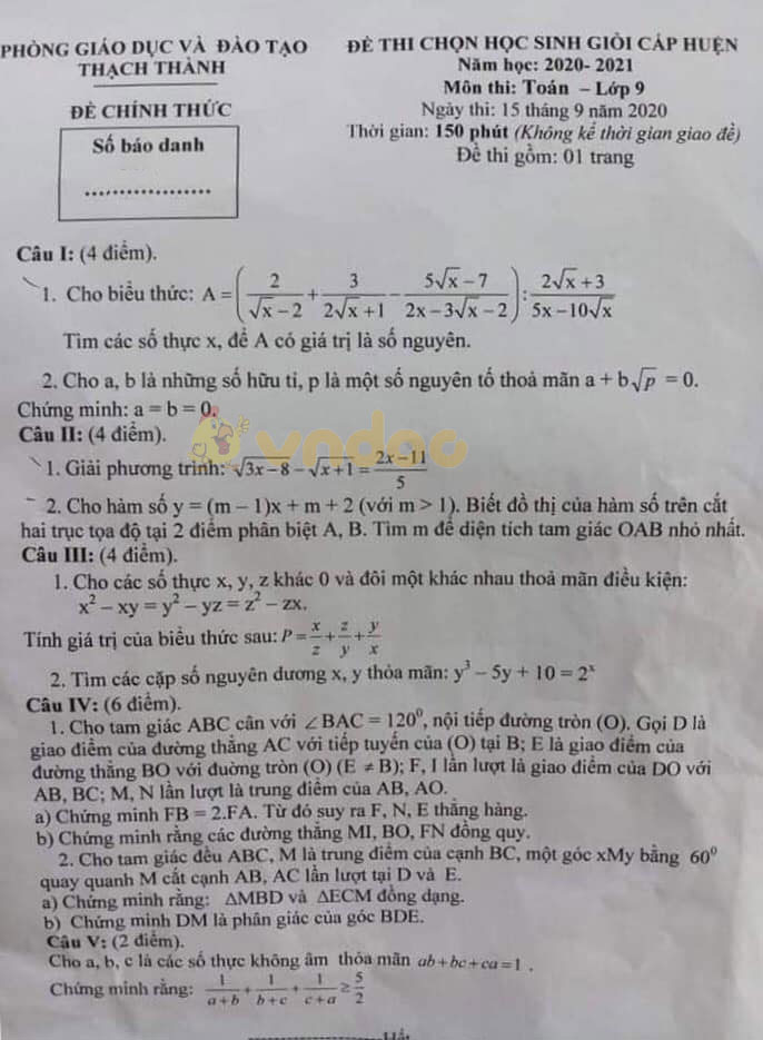 Đề thi chọn học sinh giỏi lớp 9 môn Toán Phòng GD&ĐT Thạch Thành năm học 2020 - 2021