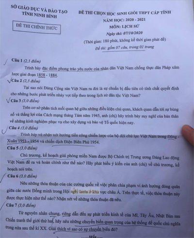 Đề thi chọn học sinh giỏi lớp 12 môn Lịch sử năm 2020-2021 Sở GD&ĐT Ninh Bình
