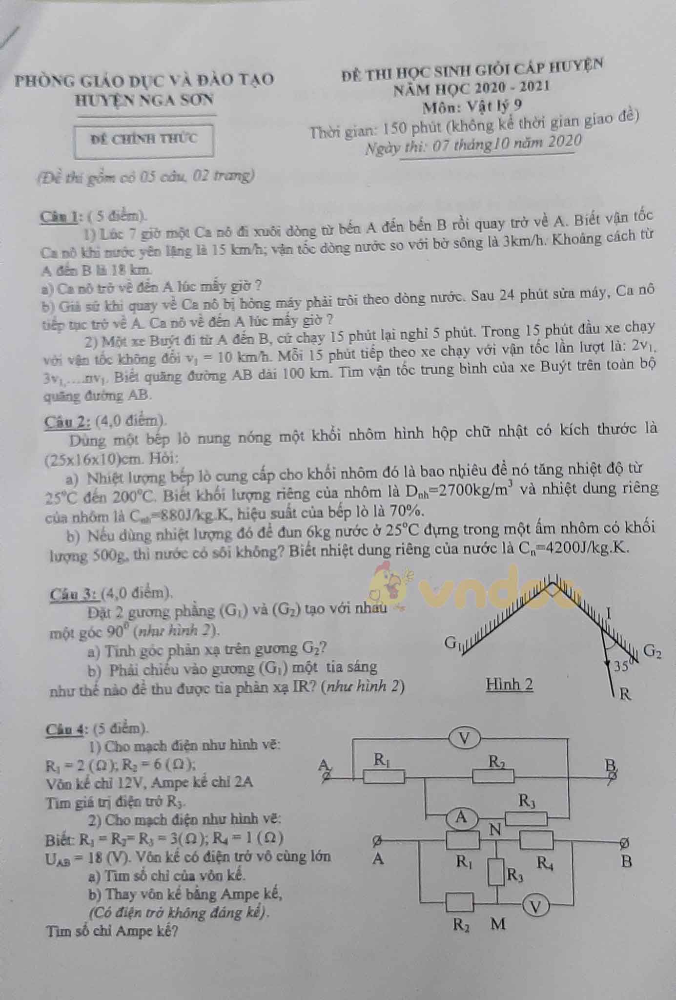 Đề thi chọn học sinh giỏi lớp 9 môn Vật lý Phòng GD&ĐT huyện Nga Sơn năm học 2020 - 2021