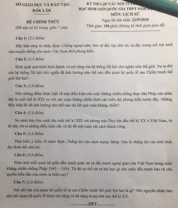 Đề thi chọn học sinh giỏi lớp 12 môn Lịch sử năm 2020-2021 Sở GD&ĐT Đắk Lắk