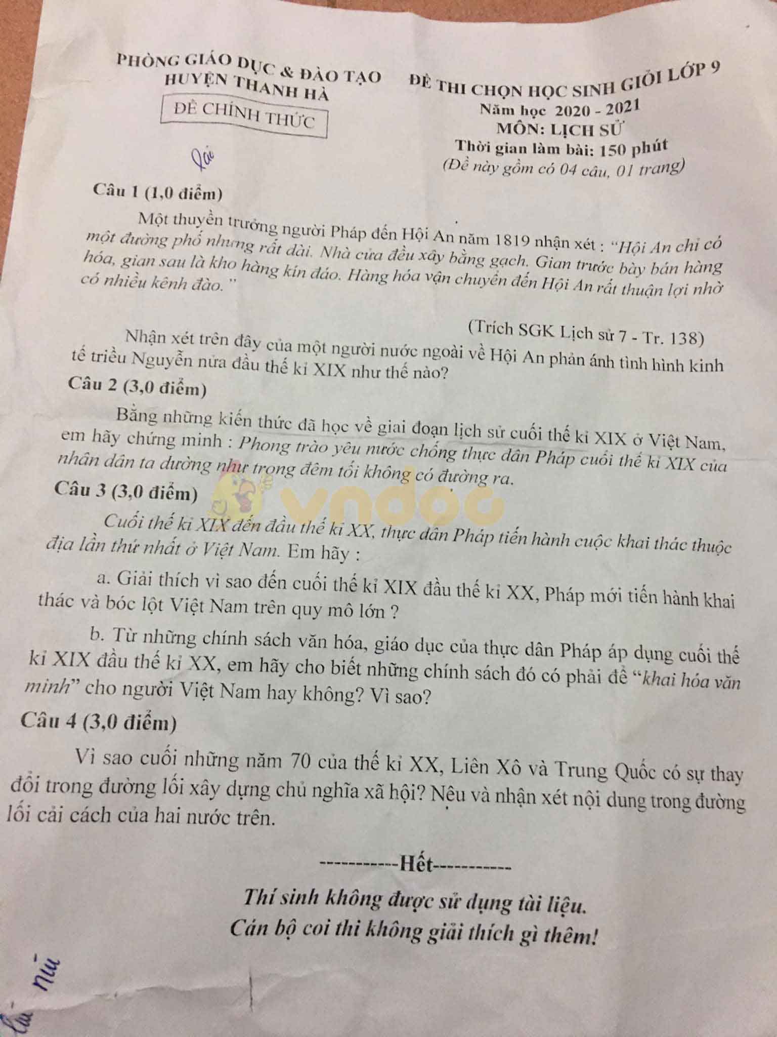 Đề thi chọn học sinh giỏi lớp 9 môn Lịch sử Phòng GD&ĐT Thanh Hà năm học 2020 - 2021