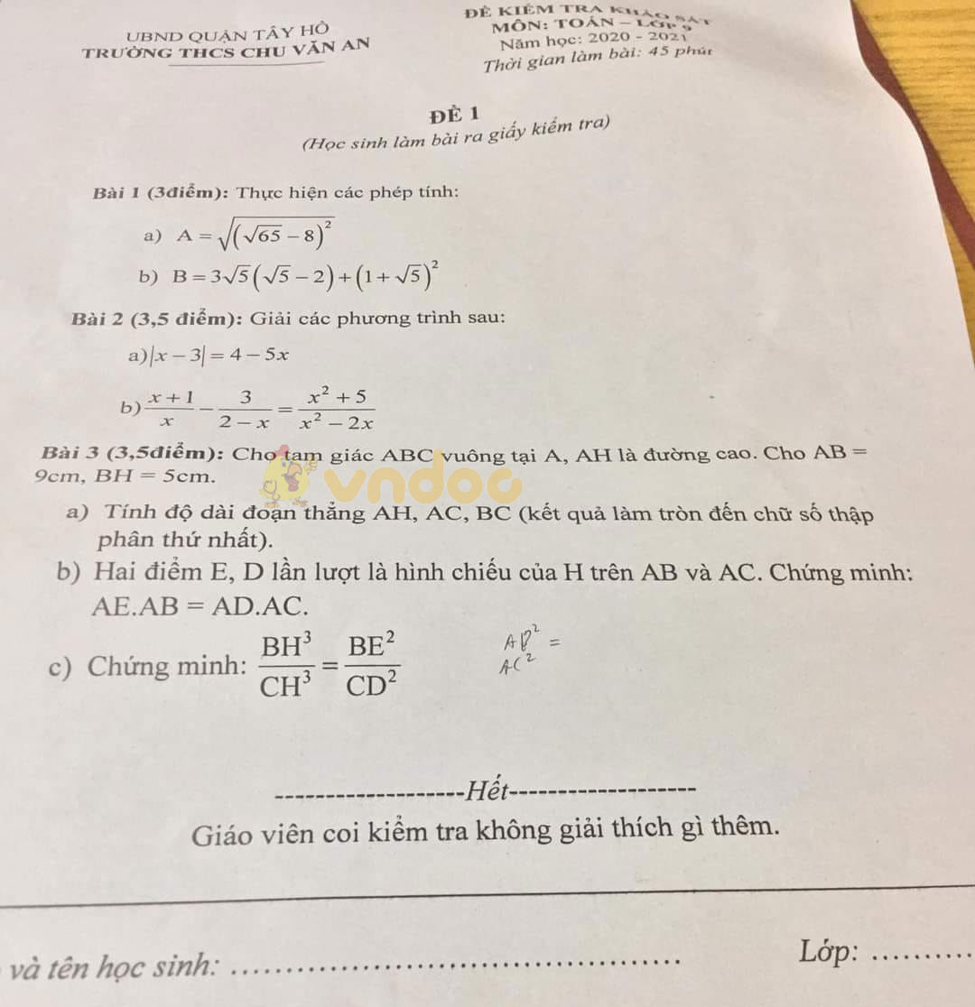 Đề thi KSCL lớp 9 môn Toán Trường THCS Chu Văn An, Tây Hồ năm học 2020 - 2021