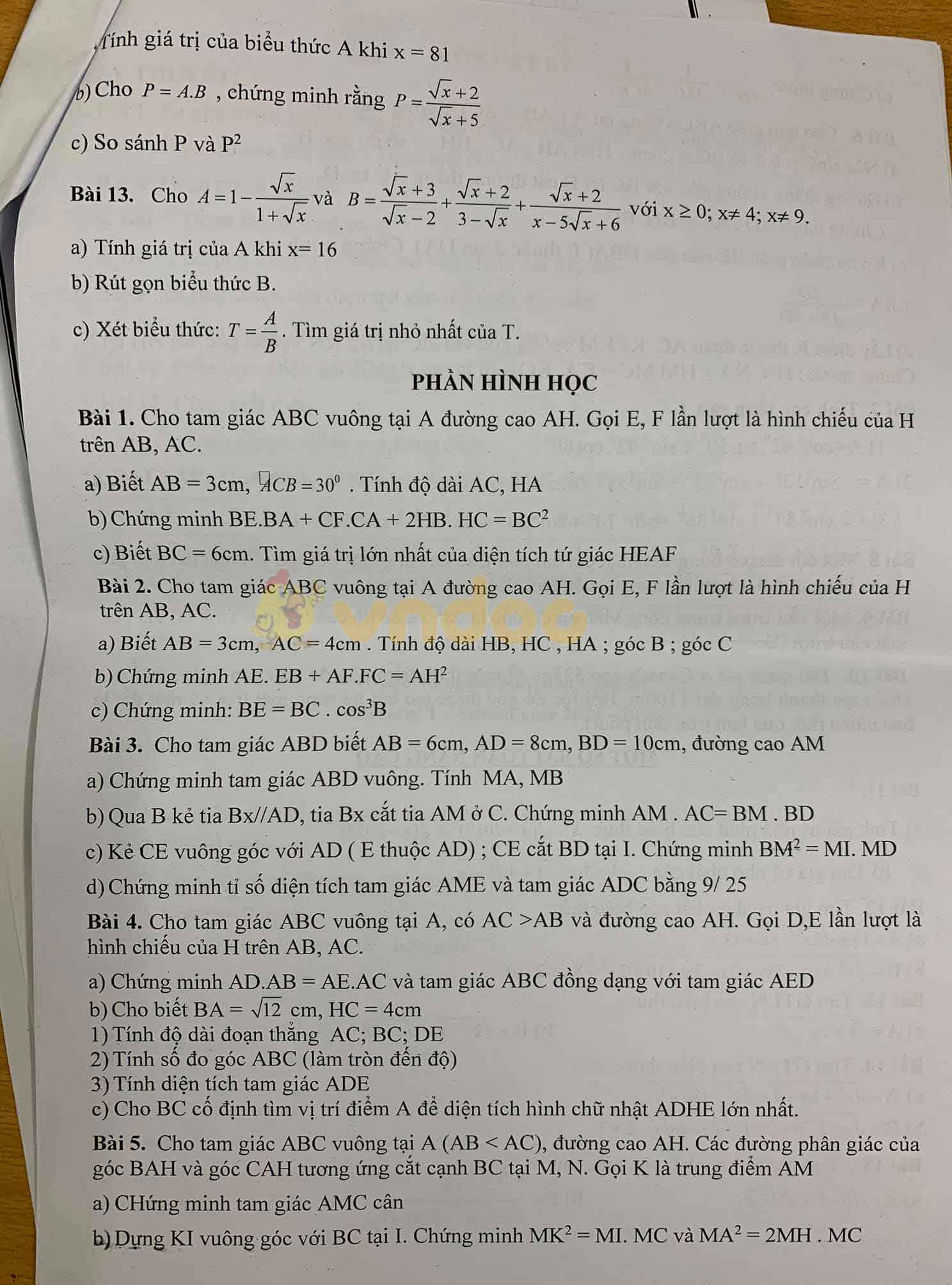Đề cương ôn thi giữa học kì 1 lớp 9 môn Toán trường THCS Thái Thịnh năm học 2020 - 2021