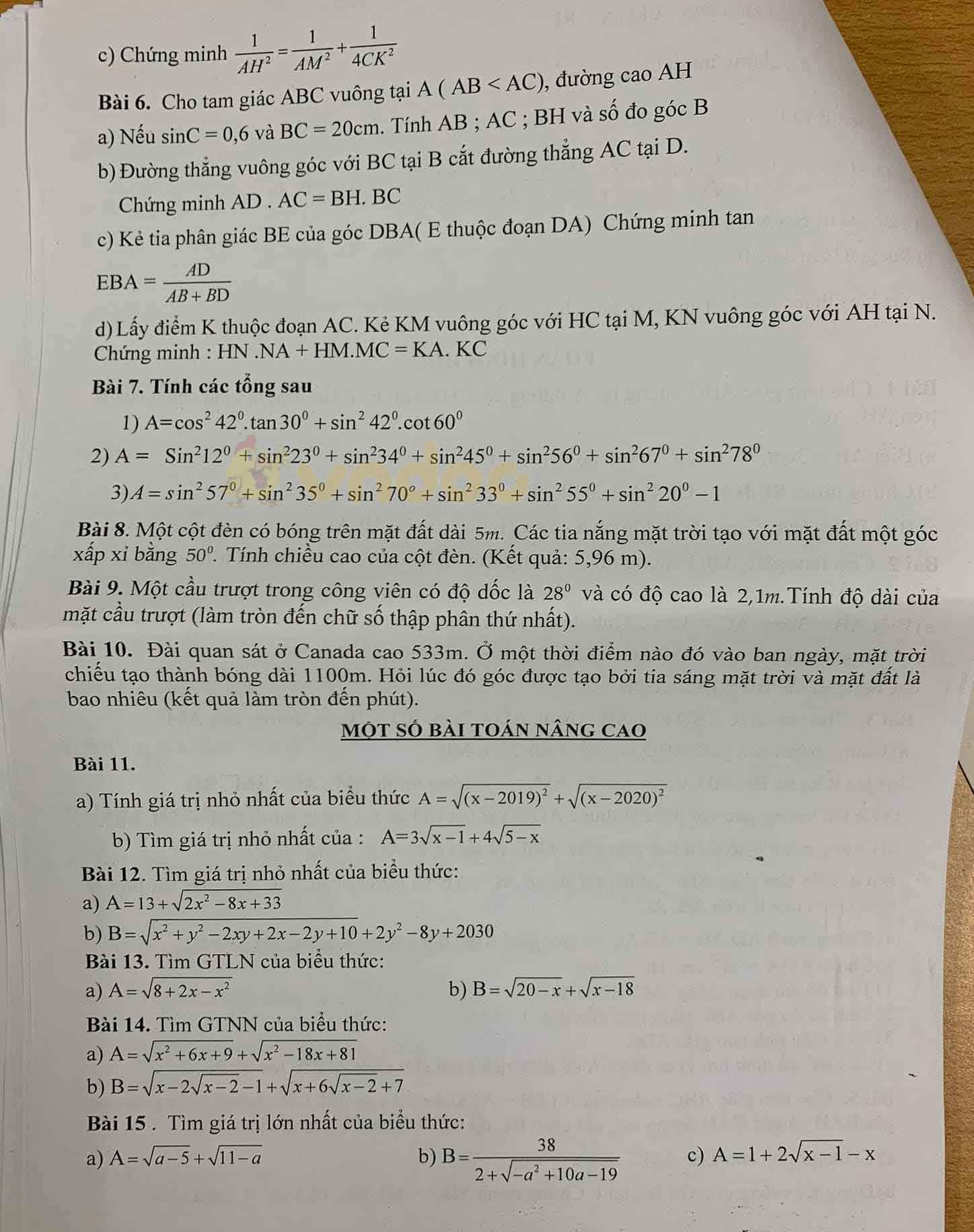 Đề cương ôn thi giữa học kì 1 lớp 9 môn Toán trường THCS Thái Thịnh năm học 2020 - 2021