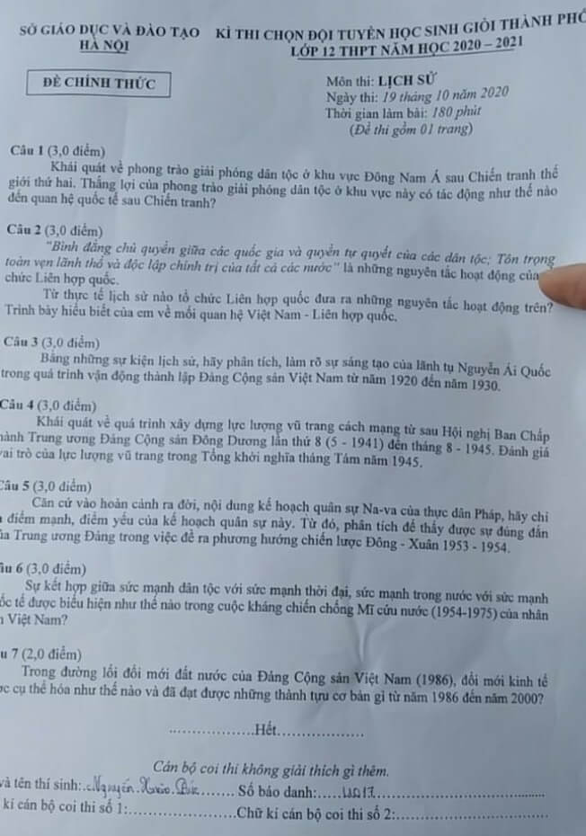 Đề thi chọn học sinh giỏi lớp 12 môn Lịch sử năm 2020-2021 Sở GD&ĐT Hà Nội lần 2