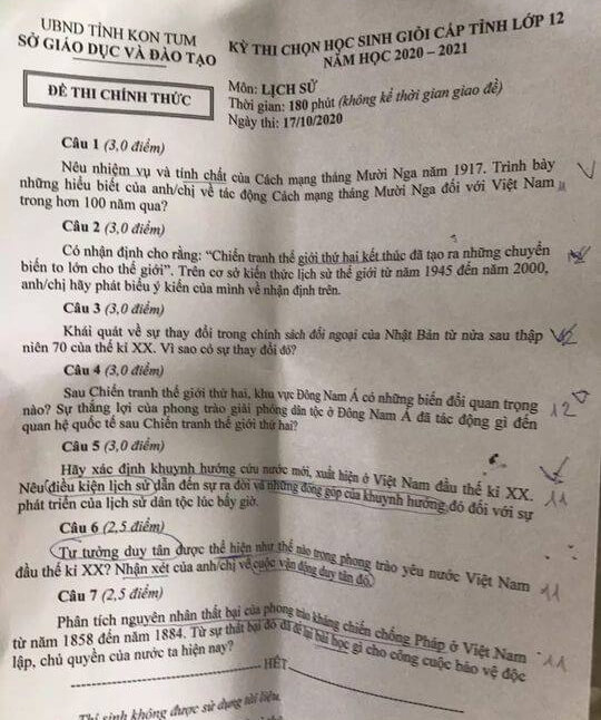 Đề thi chọn học sinh giỏi lớp 12 môn Lịch sử năm 2020-2021 Sở GD&ĐT Kon Tum