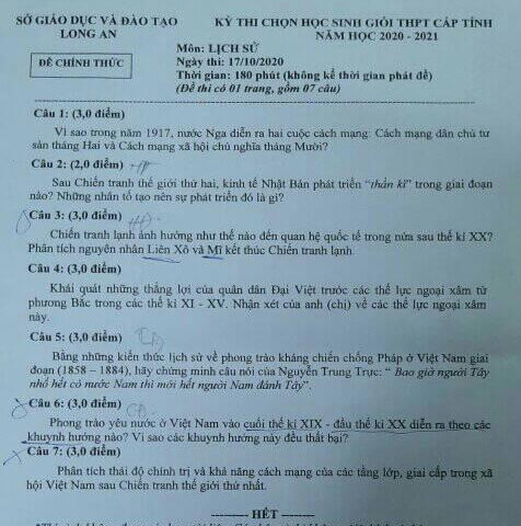 Đề thi chọn học sinh giỏi lớp 12 môn Lịch sử năm 2020-2021 Sở GD&ĐT Long An