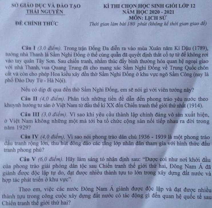 Đề thi chọn học sinh giỏi lớp 12 môn Lịch sử năm 2020-2021 Sở GD&ĐT Thái Nguyên