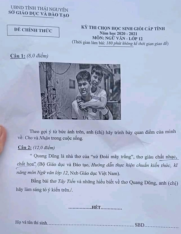 Đề thi chọn học sinh giỏi lớp 12 môn Ngữ văn năm 2020-2021 Sở GD&ĐT Thái Nguyên