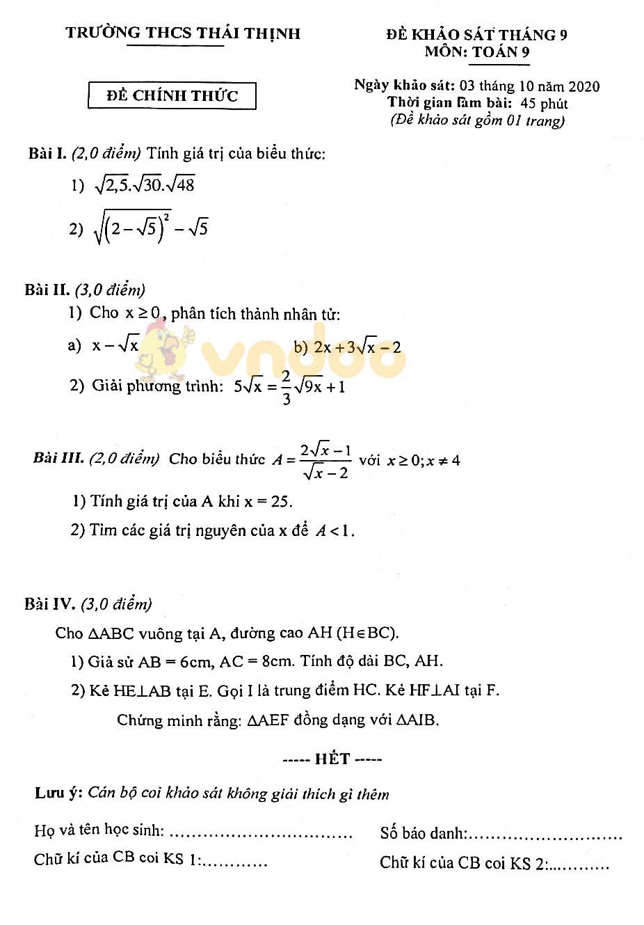 Đề thi khảo sát lớp 9 môn Toán trường THCS Thái Thịnh năm học 2020 - 2021