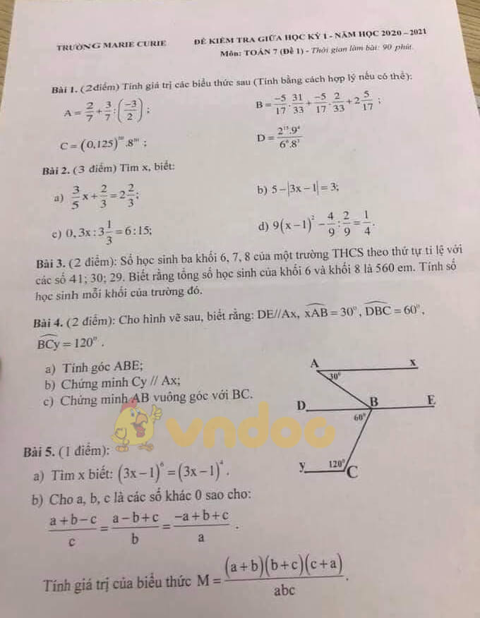 Đề thi giữa kì 1 Toán 7 