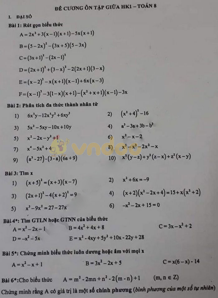 Đề cương ôn thi giữa học kì 1 lớp 8 môn Toán trường THCS Lê Ngọc Hân năm học 2020 - 2021