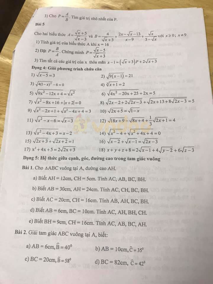 Đề cương ôn thi giữa học kì 1 lớp 9 môn Toán trường THCS Văn Quán, Hà Đông năm học 2020 - 2021