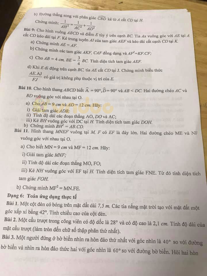Đề cương ôn thi giữa học kì 1 lớp 9 môn Toán trường THCS Văn Quán, Hà Đông năm học 2020 - 2021
