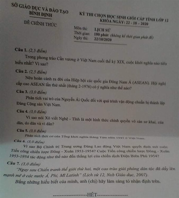 Đề thi chọn học sinh giỏi lớp 12 môn Lịch sử năm 2020-2021 Sở GD&ĐT Bình Định