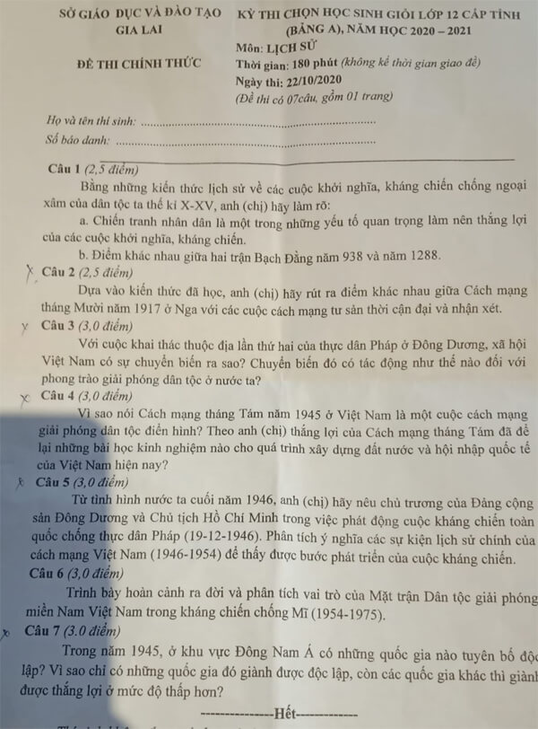 Đề thi chọn học sinh giỏi lớp 12 môn Lịch sử năm 2020-2021 Sở GD&ĐT Gia Lai