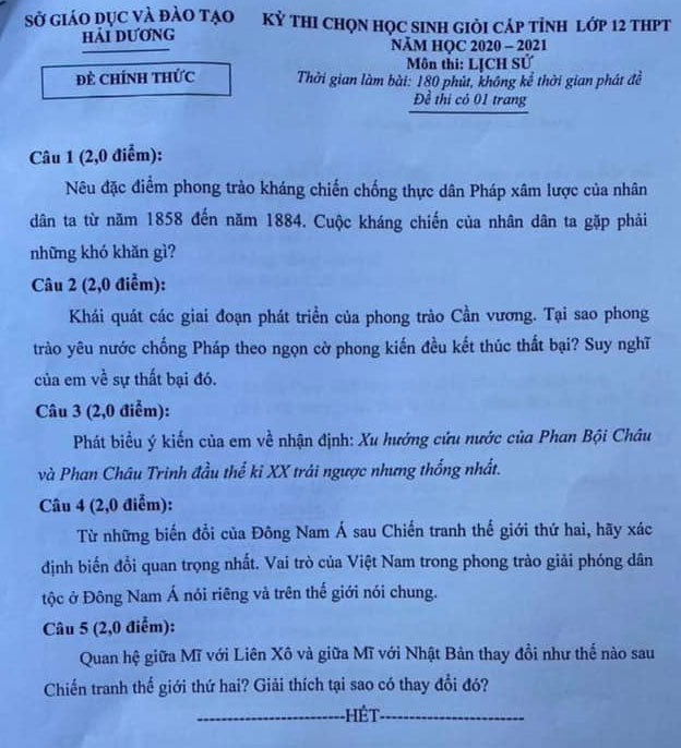 Đề thi chọn học sinh giỏi lớp 12 môn Lịch sử năm 2020-2021 Sở GD&ĐT Hải Dương