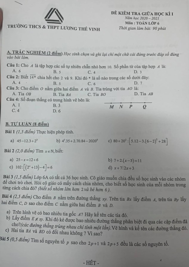 Đề thi giữa học kì 1 lớp 6 môn Toán