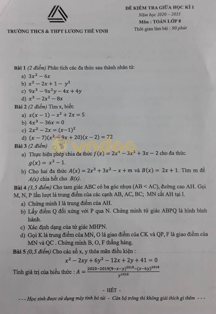 Đề thi giữa học kì 1 lớp 8 môn Toán trường THCS & THPT Lương Thế Vinh năm học 2020 - 2021