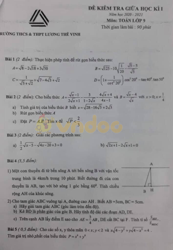 Đề thi giữa học kì 1 lớp 9 môn Toán trường THCS & THPT Lương Thế Vinh năm học 2020 - 2021