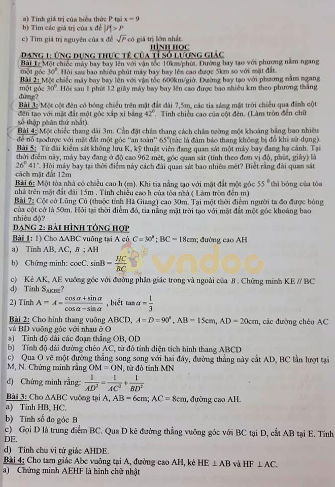 Đề cương ôn thi giữa học kì 1 lớp 9 môn Toán Trường THCS Dịch Vọng năm 2020 - 2021