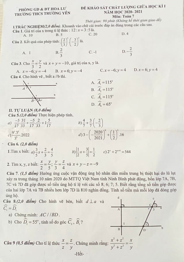 Đề thi Toán giữa kì 1 lớp 7