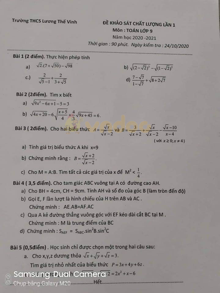 Đề thi KSCL lớp 9 môn Toán Trường THCS Lương Thế Vinh năm học 2020 - 2021 (lần 1)