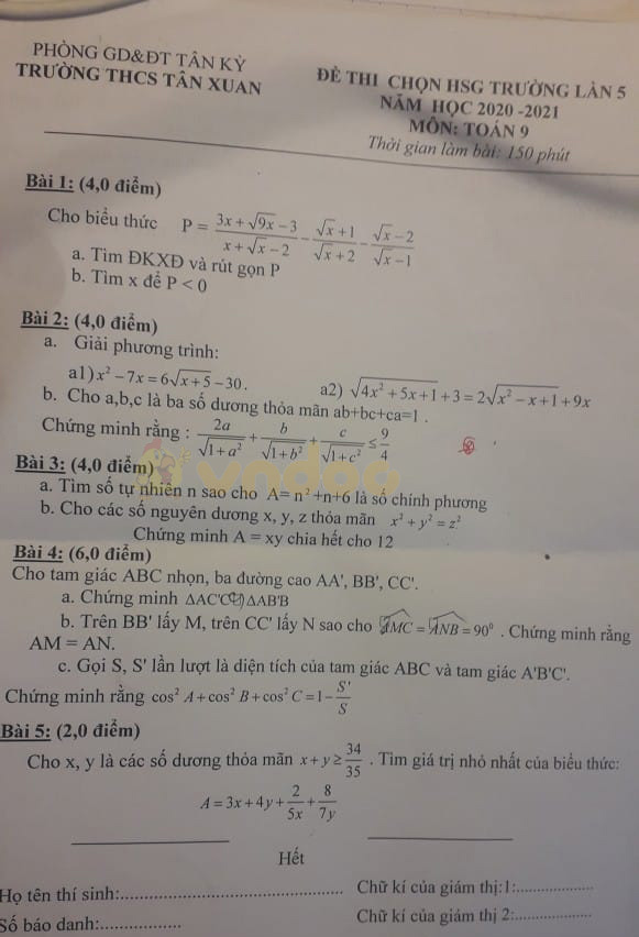 Đề thi chọn học sinh giỏi lớp 9 môn Toán Trường THCS Tân Xuân, Tân Kỳ năm 2020 - 2021 lần 5