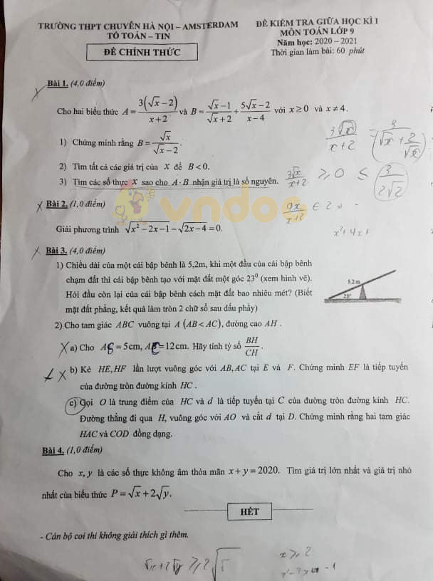 Đề thi giữa học kì 1 lớp 9 môn Toán Trường Chuyên Hà Nội Amsterdam năm 2020 - 2021