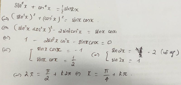Giải phương trình sin4x + cos4x = 1/2sin2x