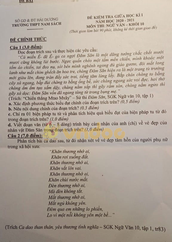 Đề thi giữa học kì 1 lớp 10 môn Ngữ văn Trường THPT Nam Sách, Hải Dương năm 2020 - 2021