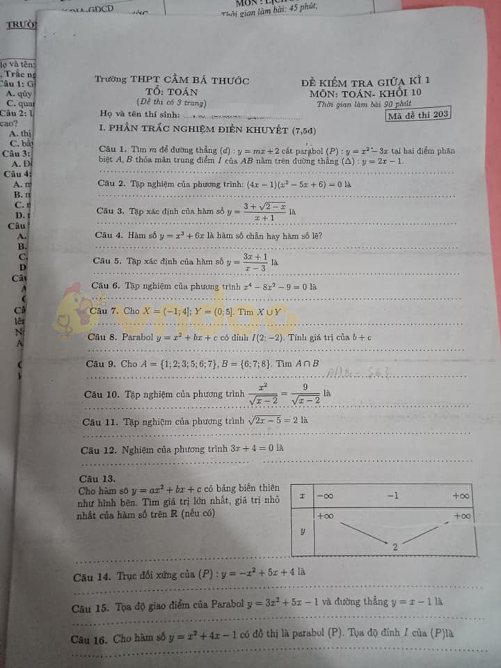 Đề thi giữa học kì 1 lớp 10 môn Toán Trường THPT Cầm Bá Thước, Thanh Hóa năm 2020 - 2021