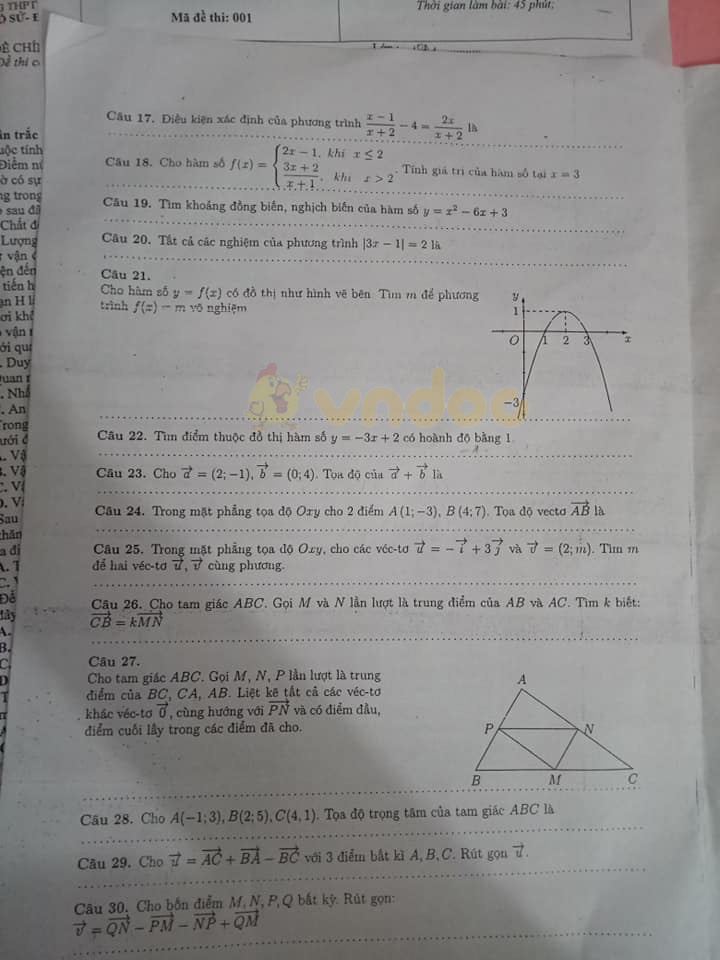 Đề thi giữa học kì 1 lớp 10 môn Toán Trường THPT Cầm Bá Thước, Thanh Hóa năm 2020 - 2021