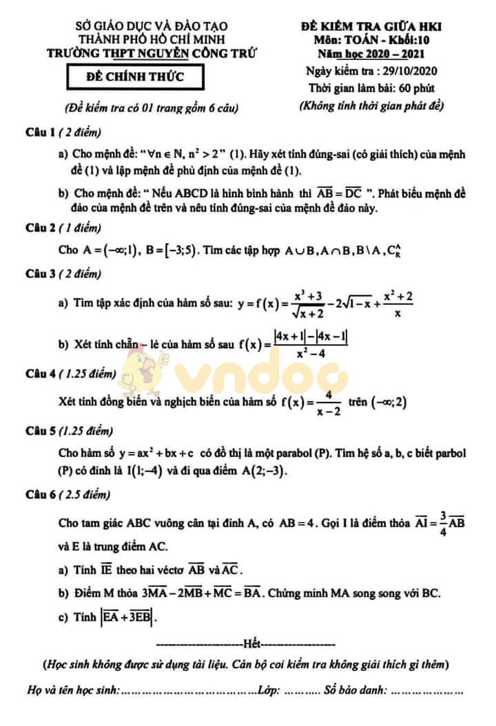 Đề thi giữa học kì 1 lớp 10 môn Toán Trường THPT Nguyễn Công Trứ năm 2020 - 2021