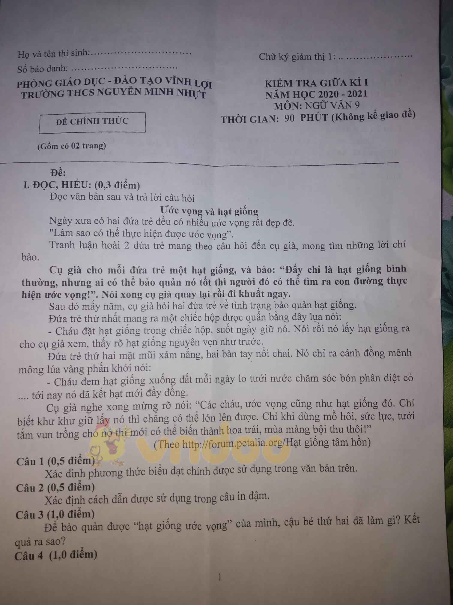 Đề thi giữa học kì 1 lớp 9 môn Ngữ văn Trường THCS Nguyễn Minh Nhựt năm 2020 - 2021